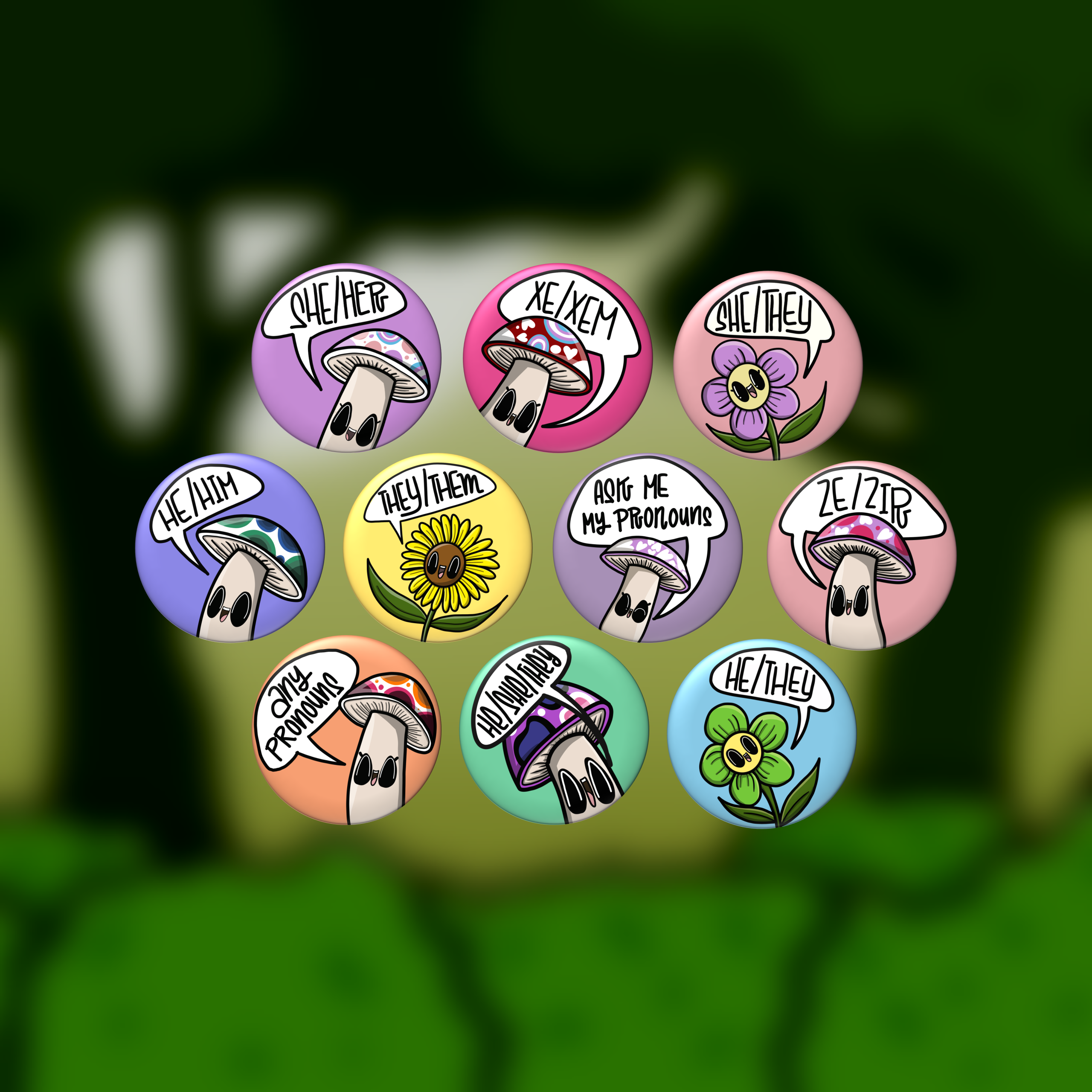 PRONOUNS PINS WITH QUEERSHROOMS & FRIENDS